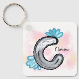 Chaveiro C de Carta em Aquarela Floral Azul