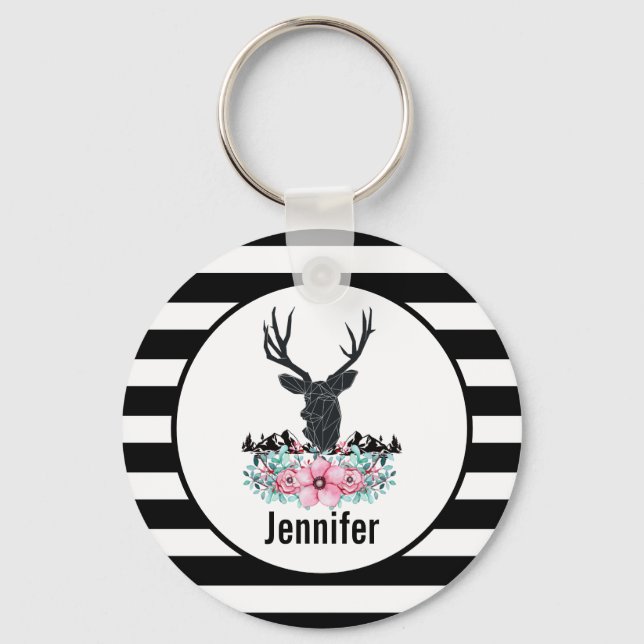 Chaveiro Cabeça de cervo preto com flores e montanhas cor-d (Frente)