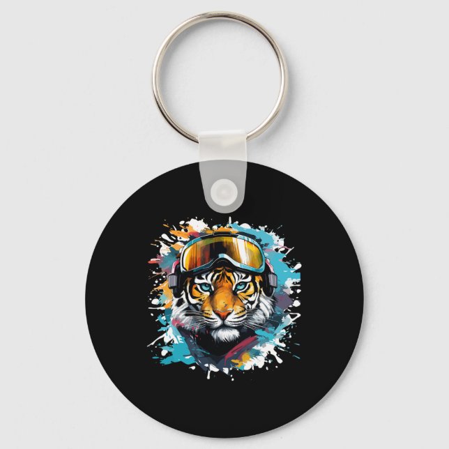 Chaveiro Cabeça de Tigre com Óculos de Esqui Esquiando Snow (Frente)