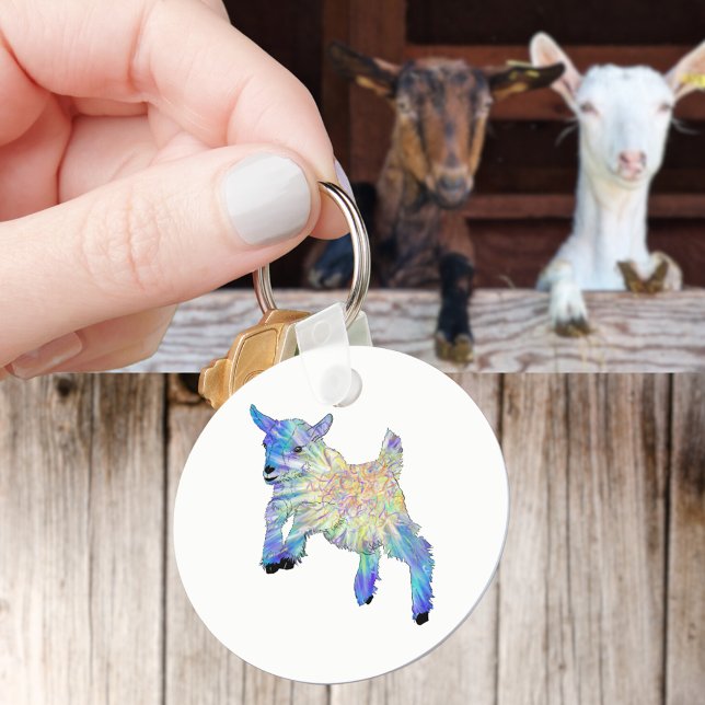 Chaveiro Cabrito Colorido Fofo Pulando Arte Animal Funky (Cute jumping goat farm animal art keyring watercolor baby goat)