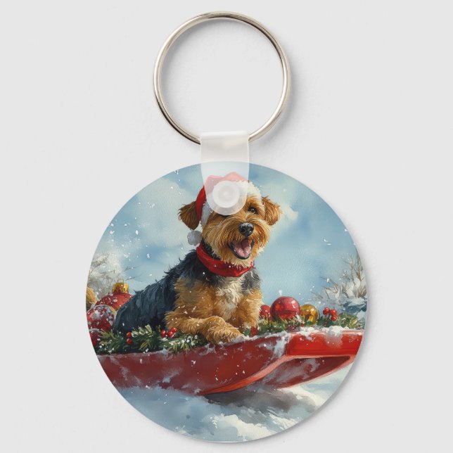 Chaveiro Cachorro Airedale no Trenó Deixe Nevar Natal (Frente)
