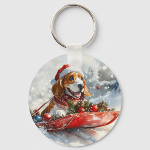 Chaveiro Cachorro Basset Hound em Trenó Deixe Nevar Natal