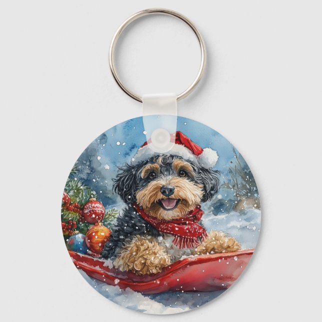 Chaveiro Cachorro Bernedoodle no Trenó - Deixe Nevar Natal (Frente)