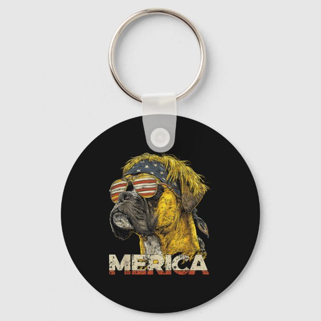 Chaveiro Cachorro Boxer - divertida bandeira americana 4 de (Frente)