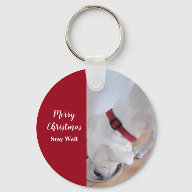 Chaveiro Cachorro branco e giro Bebendo Água Vermelho Natal (Frente)
