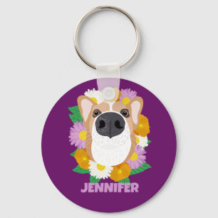 Chaveiro Cachorro Corgi com Flores Púrpura Personalizado