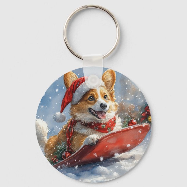 Chaveiro Cachorro Corgi em Trenó Deixe Nevar Natal (Frente)