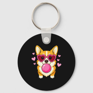 Chaveiro Cachorro Corgi soprando chiclete rosa bolha coraçõ