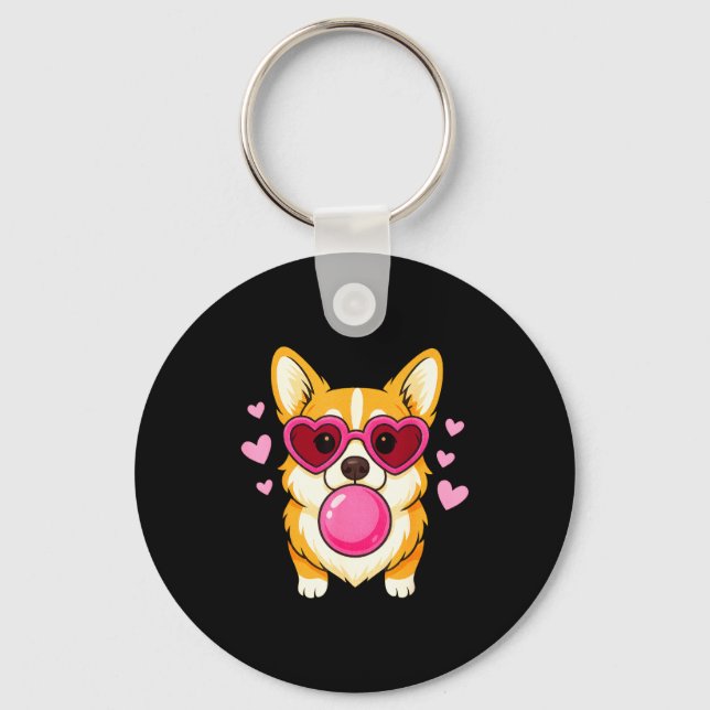 Chaveiro Cachorro Corgi soprando chiclete rosa bolha coraçõ (Frente)