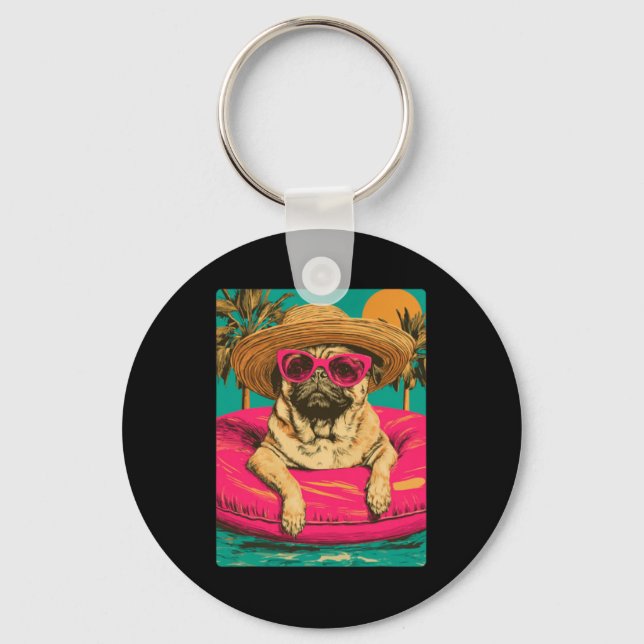 Chaveiro Cachorro Cute Pug de Verão com Óculos de Sol Tropi (Frente)