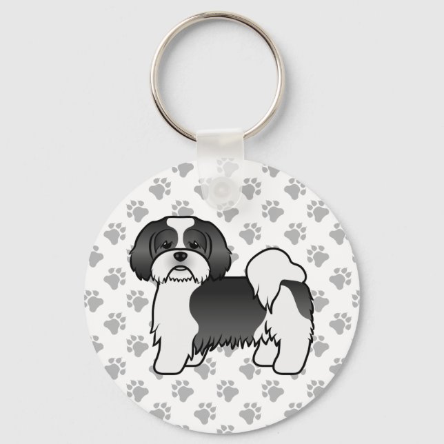 Chaveiro Cachorro De Cartoon De Lhasa Apso, Preto E Branco (Frente)