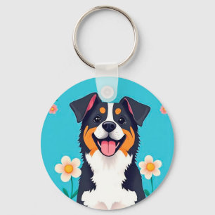 Chaveiro Cachorro de Desenho Animado Rodeado por Flores