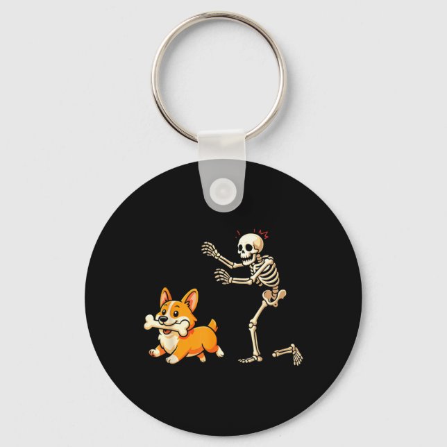 Chaveiro Cachorro de Halloween Corgi Perseguindo Esqueleto  (Frente)