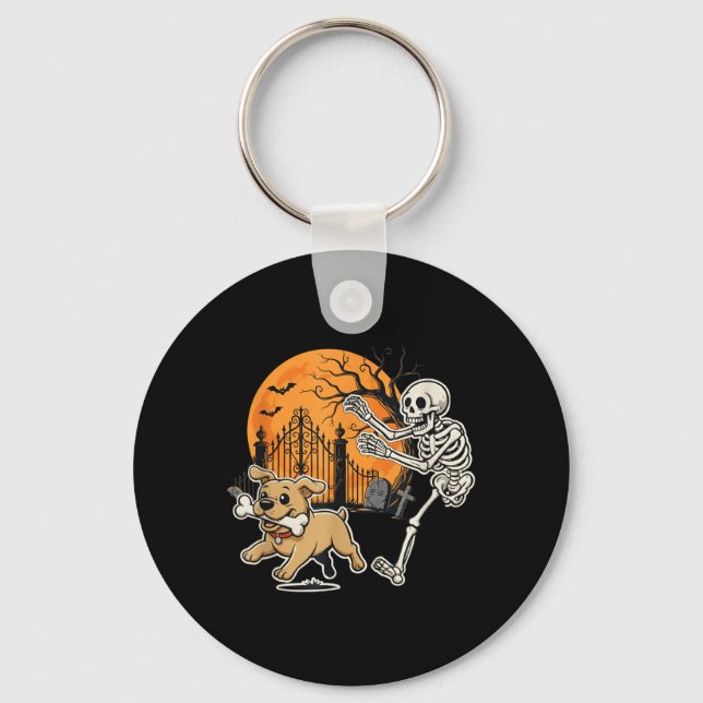 Chaveiro Cachorro de Halloween Esqueleto Engraçado Caçando  (Frente)