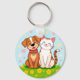 Chaveiro Cachorro e Gato de Desenho Animado Fofo Sentados J