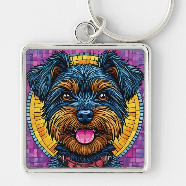 Chaveiro Cachorro Feliz Yorkshire Terrier em Estilo Mosaico (Frente)