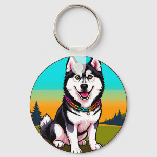 Chaveiro Cachorro Husky de Desenho Animado Fofo com Coleira