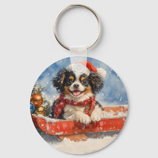 Chaveiro Cachorro Japonês Chin em Trenó Deixe Nevar Natal (Frente)