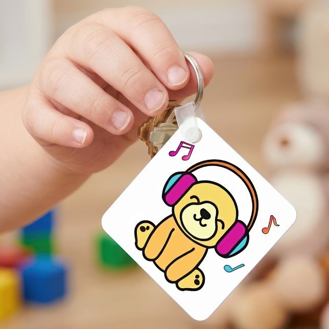 Chaveiro Cachorro Kawaii Sorridente com Fones de Ouvido Col (Kawaii Dog Puppy Smiling with Colorful Headphones. Keychain)