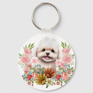 Chaveiro Cachorro Maltês com Flores, Cachorro Maltês