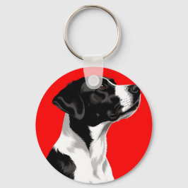 Chaveiro Cachorro Negro e Branco sobre fundo vermelho escur