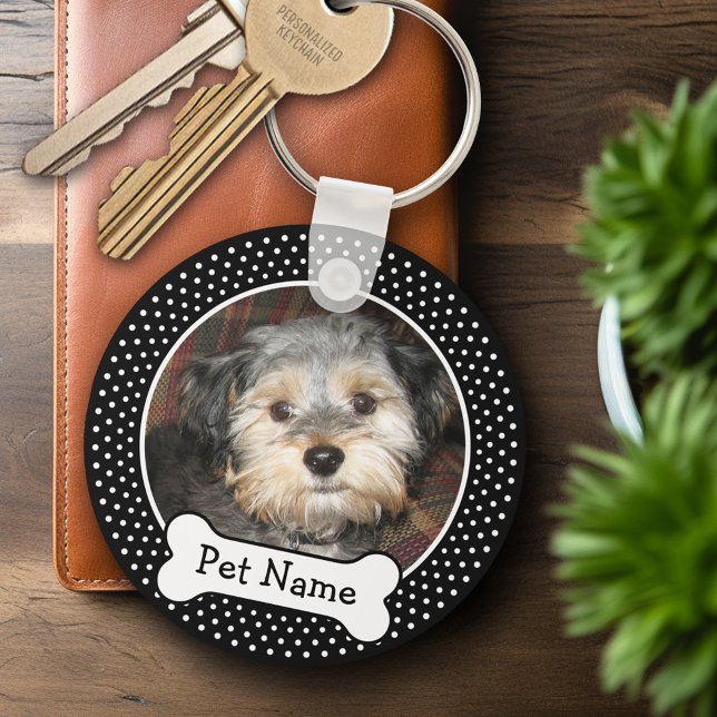 Chaveiro Cachorro Osso e Bolinhas Preta Foto Pet (Personalized Keychain - Add Your Pet Dog Photo)