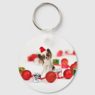 Chaveiro Cachorro Papillon Fofo Chapéu de Natal do Papai No