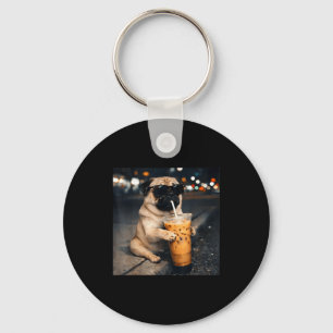 Chaveiro Cachorro pug engraçado bebendo café gelado meme de