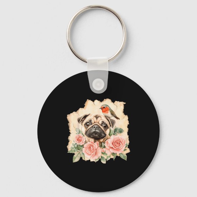 Chaveiro Cachorro pug passarinho fofo pug engraçado  (Frente)