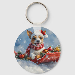 Chaveiro Cachorro Rat Terrier no Trenó Deixe Nevar Natal