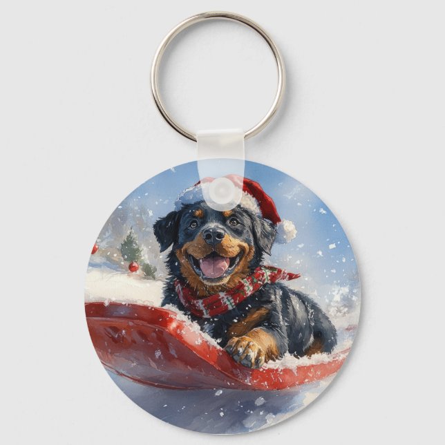 Chaveiro Cachorro Rottweiler no Trenó Deixe Nevar Natal (Frente)