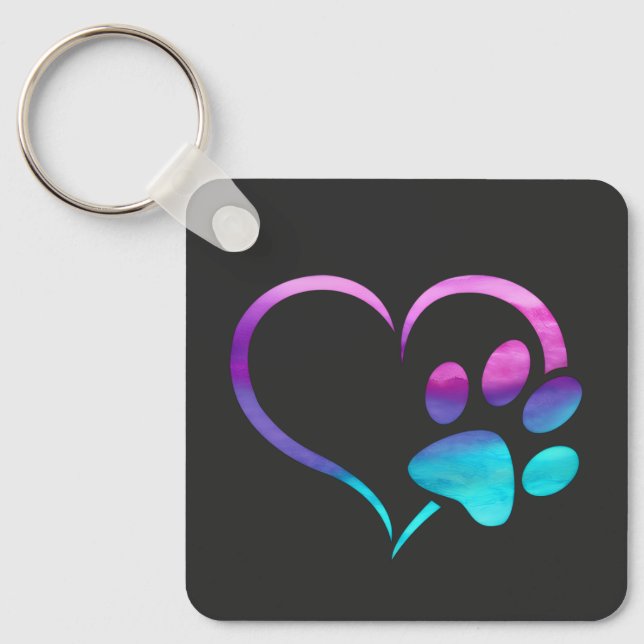 Chaveiro Cachorro Roxo Azul Pata Impressão Coração (Frente)