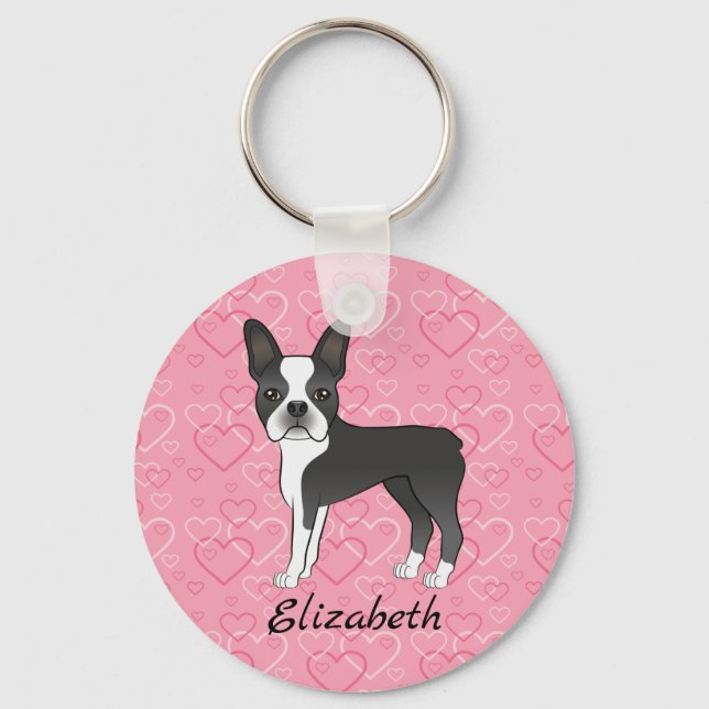 Chaveiro Cachorro Terrier Preto de Boston em Corações Rosa  (Frente)