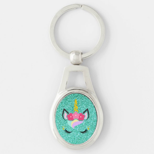 Chaveiro Cadeia de Chave de Glitter Teal Unicorn Personaliz (Frente)