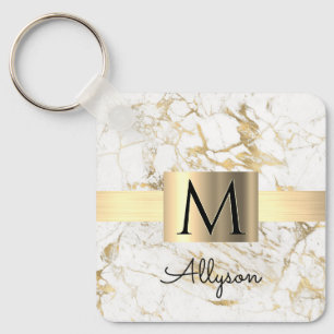 Chaveiro Caixa Dourada de Mármore Branco e Dourado, Monogra