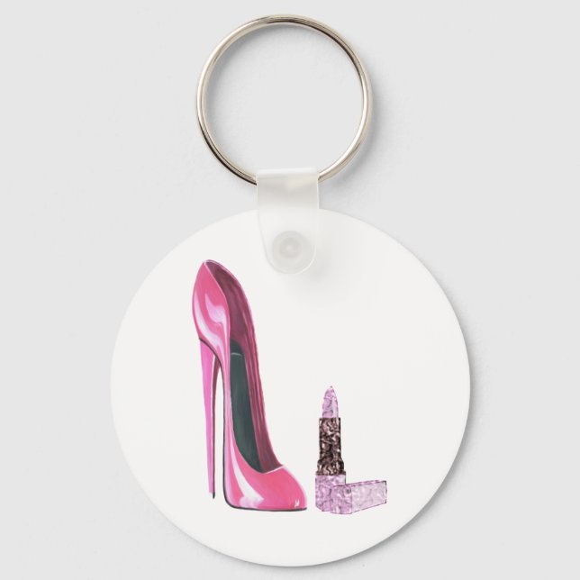 Chaveiro Calçado Stiletto Rosa e Arte Lipstick (Frente)