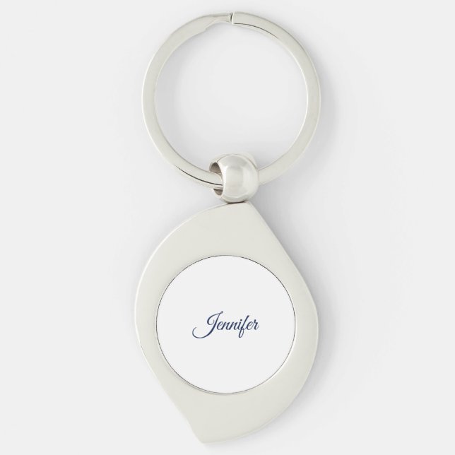 Chaveiro Caligrafia Elegante Azul Branco Simples Nome (Frente)