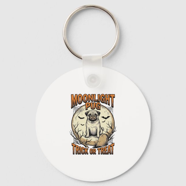 Chaveiro Camiseta de Halloween Pug com Lua de Gravura Vinta (Frente)