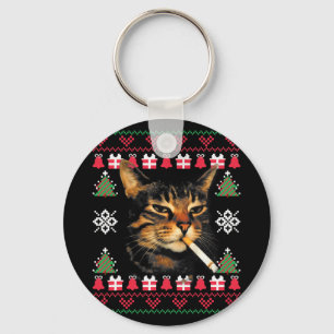 Chaveiro Camisola de Natal Feia de Gato Fumante Meme Engraç