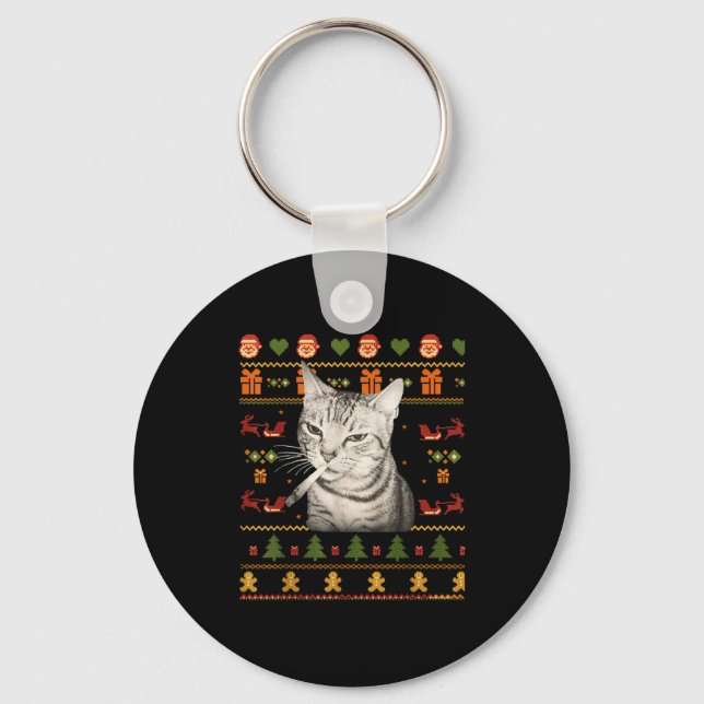 Chaveiro Camisolas Feias de Natal para Meme de Gato Fumante (Frente)