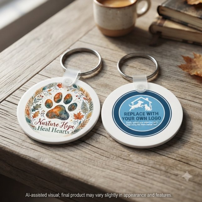 Chaveiro Campanha de Captação de Recursos para Resgate de A (Autumn paw print and custom logo keychains for pet rescue supporters, ideal for fundraising gifts.)