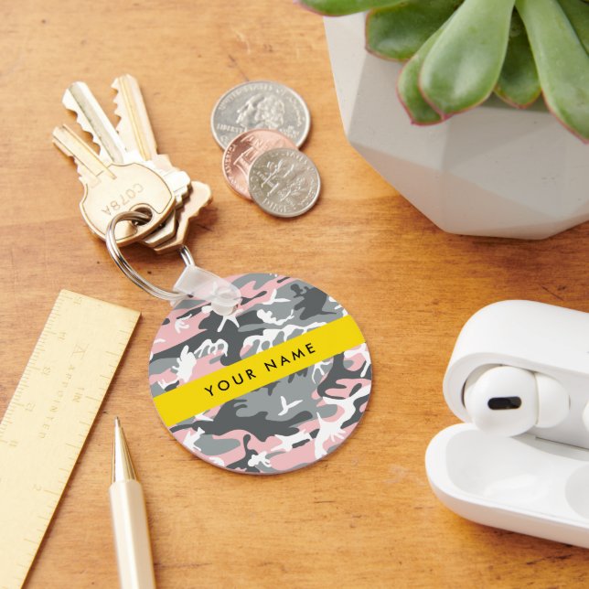 Chaveiro Camuflagem Rosa e Cinza Personalize seu nome (Mesa)