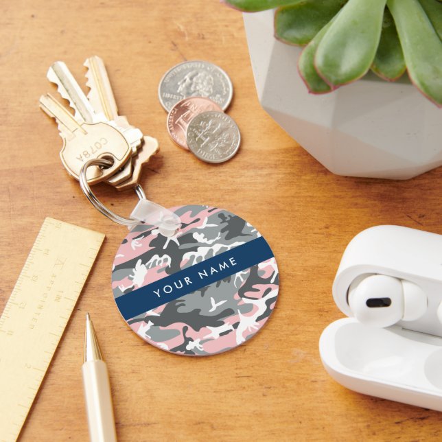 Chaveiro Camuflagem Rosa e Cinza Personalize seu nome (Mesa)