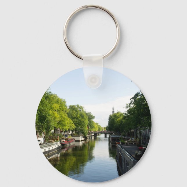 Chaveiro Canal de Amsterdã com Barcos-Casa e Árvores Exuber (Frente)