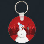 Chaveiro Cantando Snowman Red Christmas<br><div class="desc">Design de Natal com uma ilustração de um bonzinho cantando com um microfone. A neve está caindo, flocos de neve em todos os lugares, e uma floresta de pinheiros pode ser vista ao fundo. Este feliz design de boneco de neve tem um esquema alegre de cor branca e vermelha de...</div>