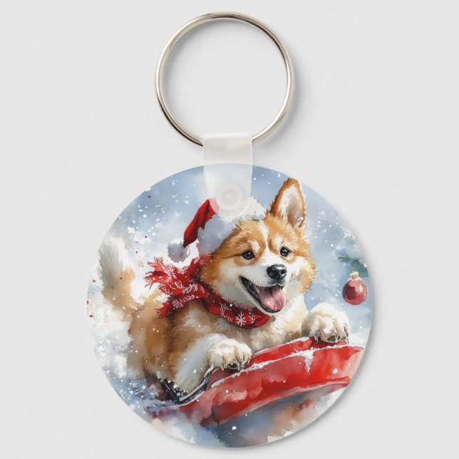Chaveiro Cão Akita em Trenó Deixe Nevar Natal (Frente)