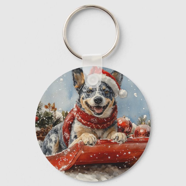 Chaveiro Cão Blue Heeler no Trenó Deixe Nevar Natal (Frente)