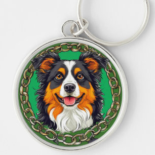Chaveiro Cão border collie em um fundo verde com corrente