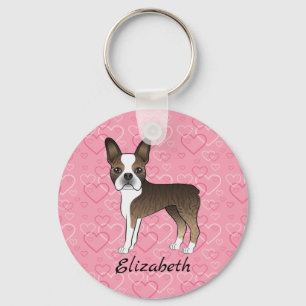 Chaveiro Cão Boston Terrier Brindle em Corações Cor-de-Rosa