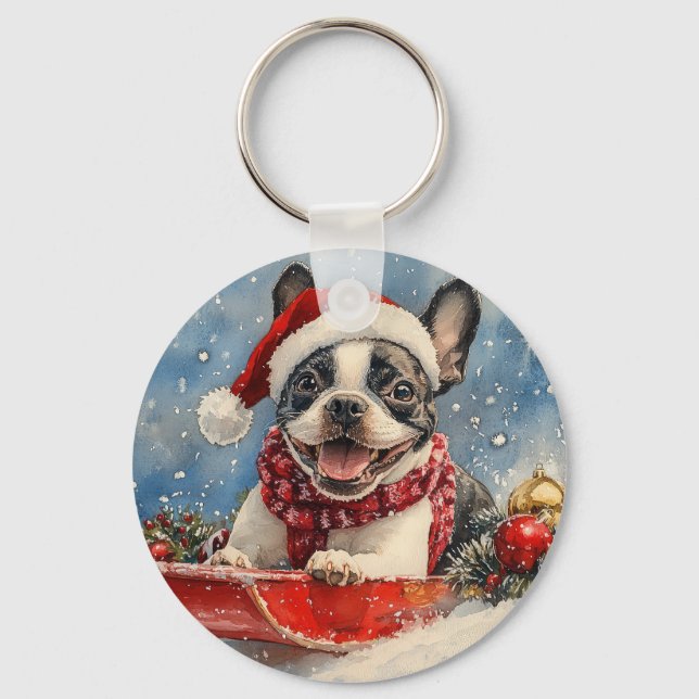 Chaveiro Cão Boston Terrier no Trenó Deixe Nevar Natal (Frente)